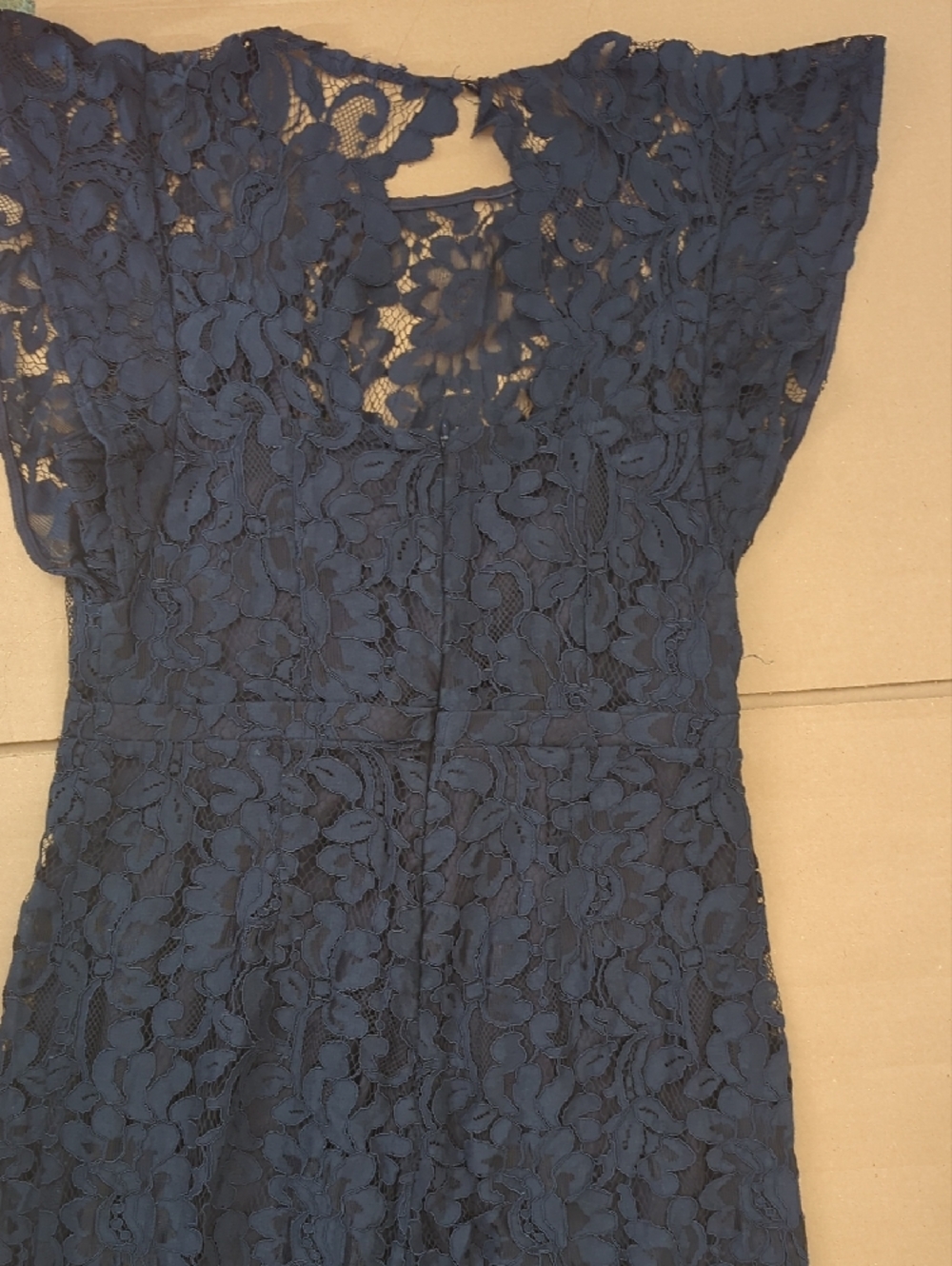 Donna Ricco Navy Blue Lace Jumpsuit Flutter Sleeve Crop Wide-Leg SIZE 10 - Picture 6 of 10